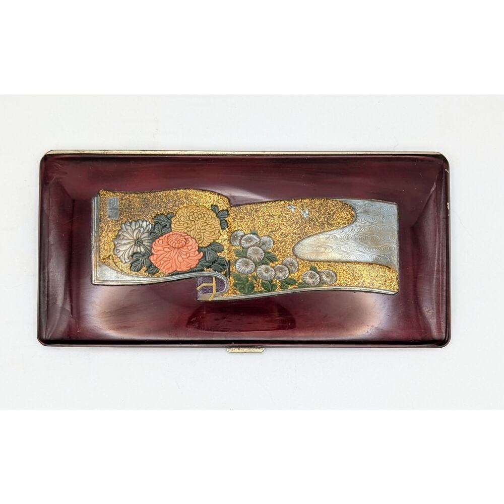 Vintage Japanese Cigarette Card Case Red Polychrome Lacquer  Metal Tanaka Scroll
